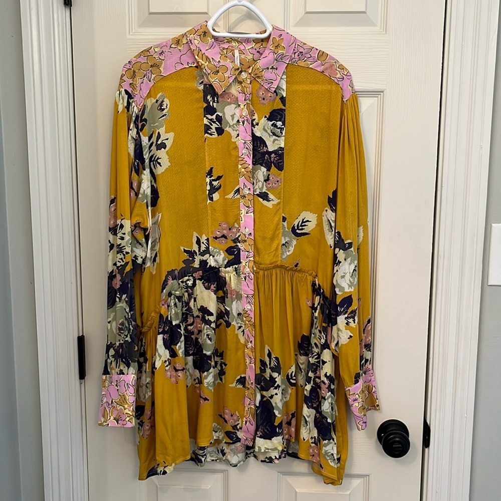 NWT Free People Yellow/Pink Floral Brunch A Bunch Babydoll Tunic Sz Small‎ Boho